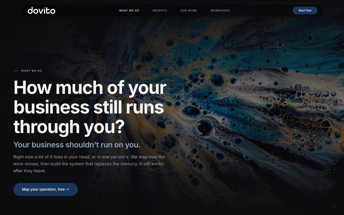 Dovito homepage: a dark marbled ink photograph behind the headline How much of your business still runs through you?