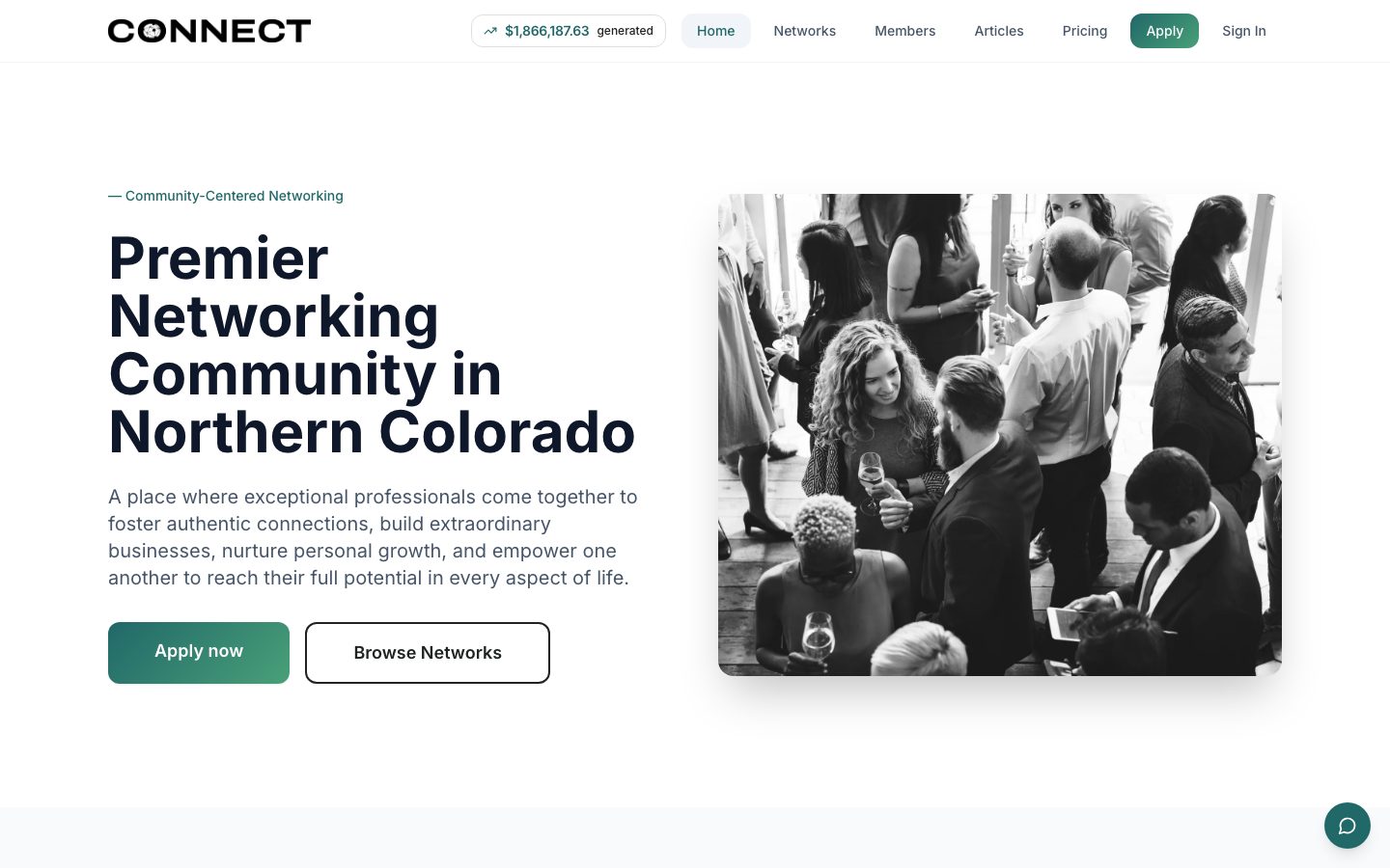 Connect homepage: a black and white photograph of people at a networking event beside the headline Premier Networking Community in Northern Colorado.