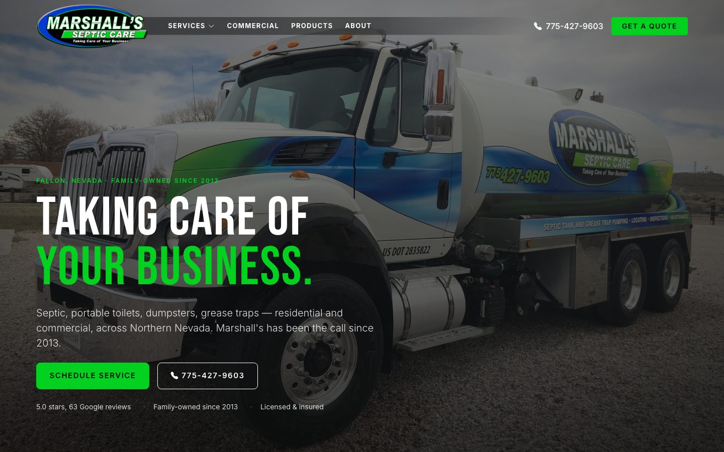 Marshall's Septic Care homepage: a septic tanker truck at dusk behind the headline Taking care of your business.