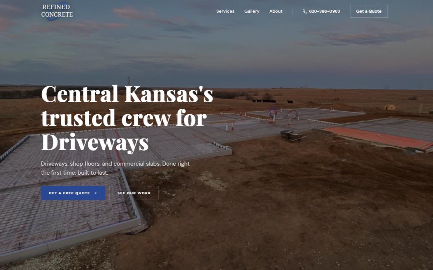 Refined Concrete homepage: a wide aerial photograph of poured slabs at dusk behind the headline Central Kansas's trusted crew for Driveways.