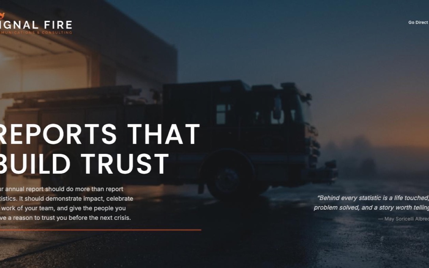 Signal Fire Communications homepage: a fire engine at dusk behind the headline Reports That Build Trust.